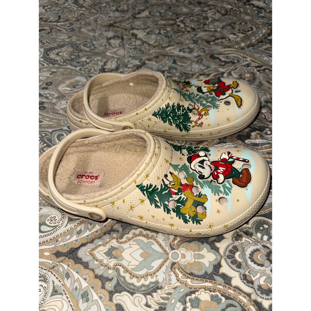 Crocs Disney Mickey Mouse Christmas Holiday Fleece Lined Clogs Mens 12 Cream